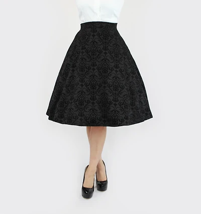 Vintage Inspired Holiday Damask Circle Skirt, Black Audrey Hepburn Full Skirt w/ Pockets XS-3X