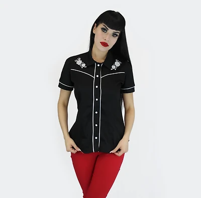 Black White Rose Rockabilly Western Top