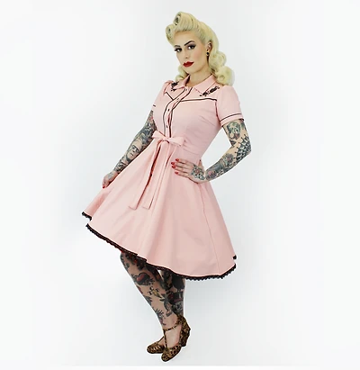 Pink Black Rose Vintage Rockabilly Western Country Women Dress