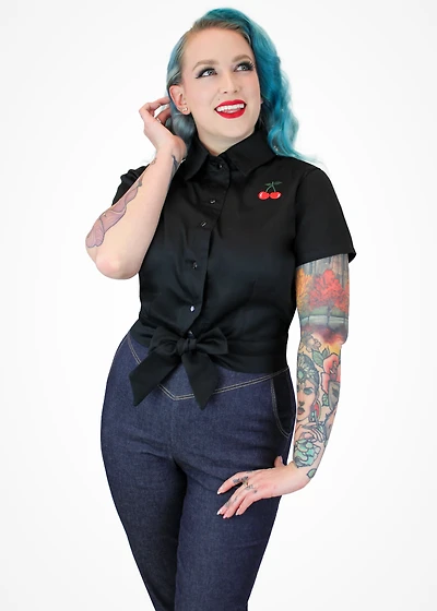 Cherry Crop Top - Black Knot With Embroidered Cherries