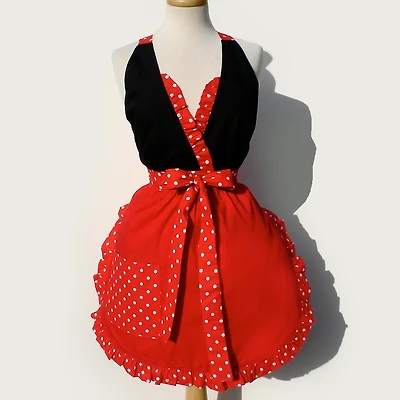 "Just Peachy" Black and Red Polka Dots Apron
