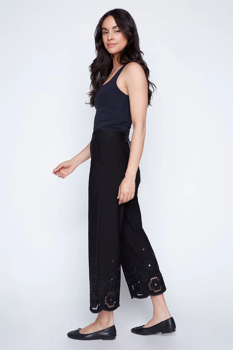 Laser cut embroidery hem wide leg capri