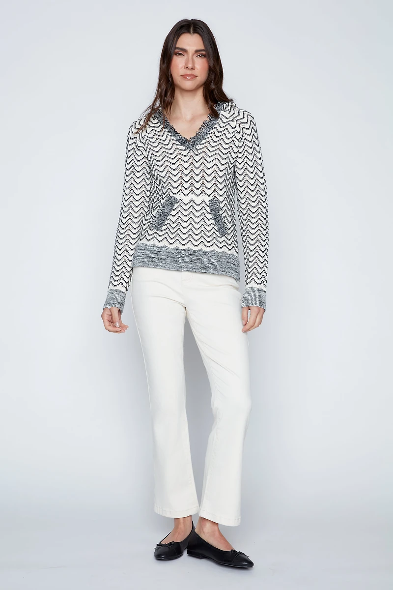 Hooded sweater with fringe trim