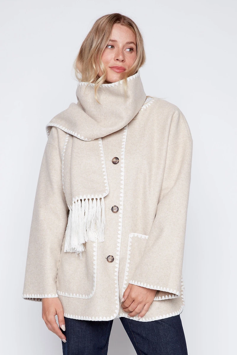 Button front coat with scarf