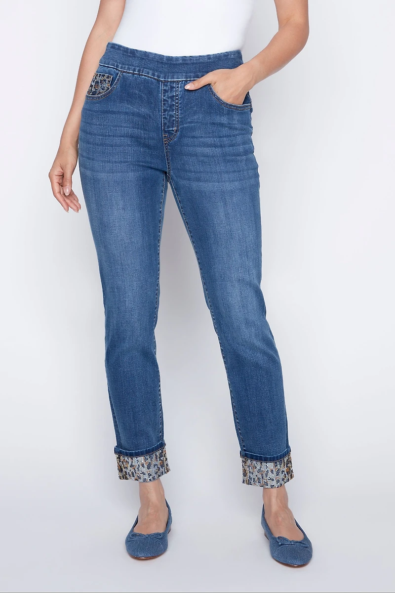 Slim leg animal sequin jean