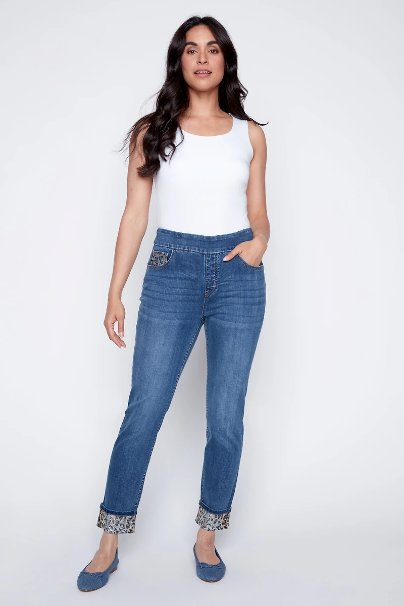 Slim leg animal sequin jean