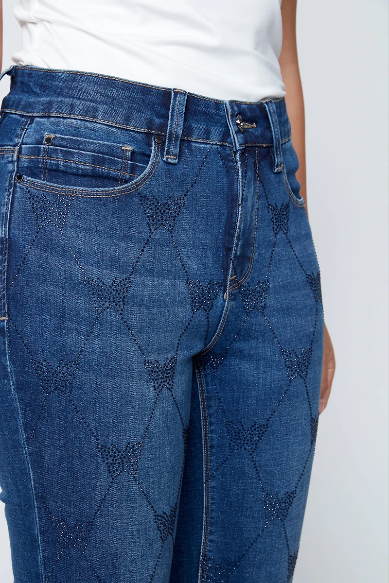 Rhinestone butterflies design slim leg jean