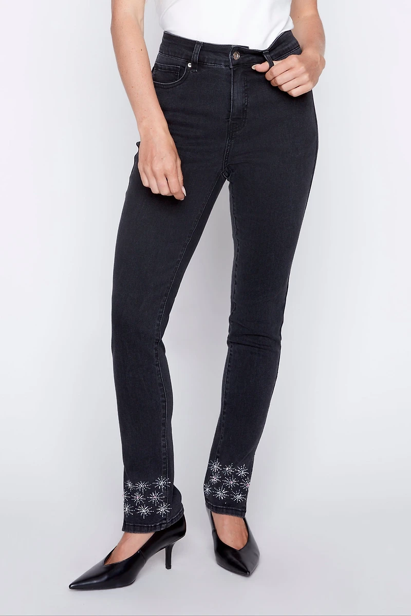 Rhinestone stars hem slim leg jean