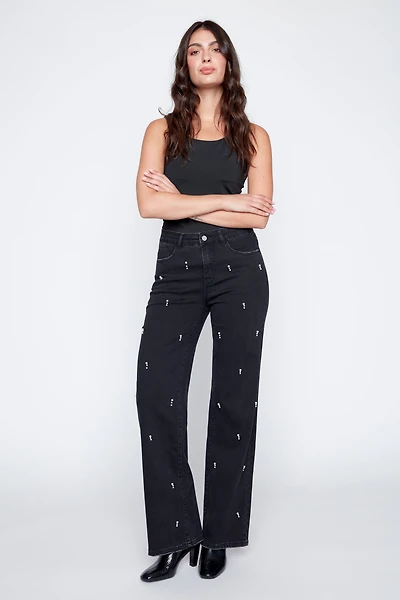 Wide leg rhinestone detail jean