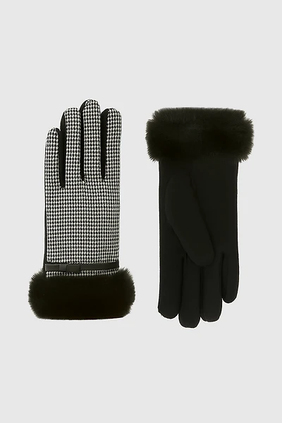 Les gants à motif pied-de-poule avec poignets en fausse fourrure