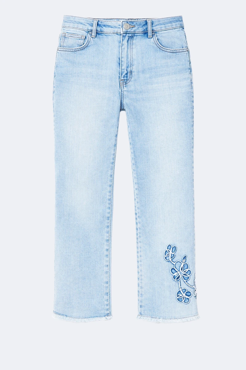 Slim leg embroidered hem jean