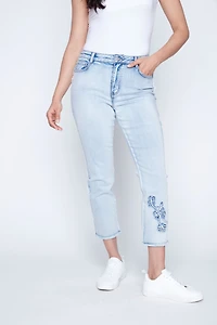 Slim leg embroidered hem jean