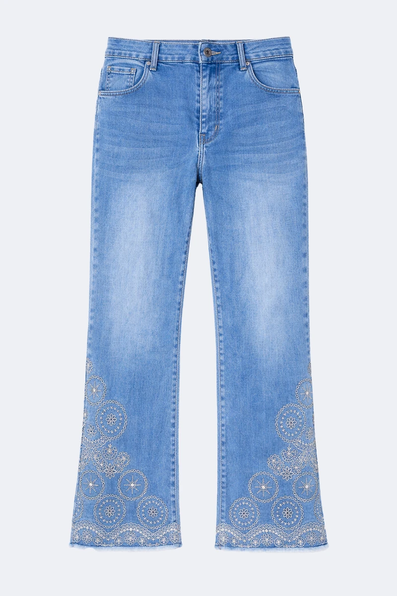Flare leg embroidered hem jean