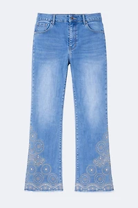 Flare leg embroidered hem jean
