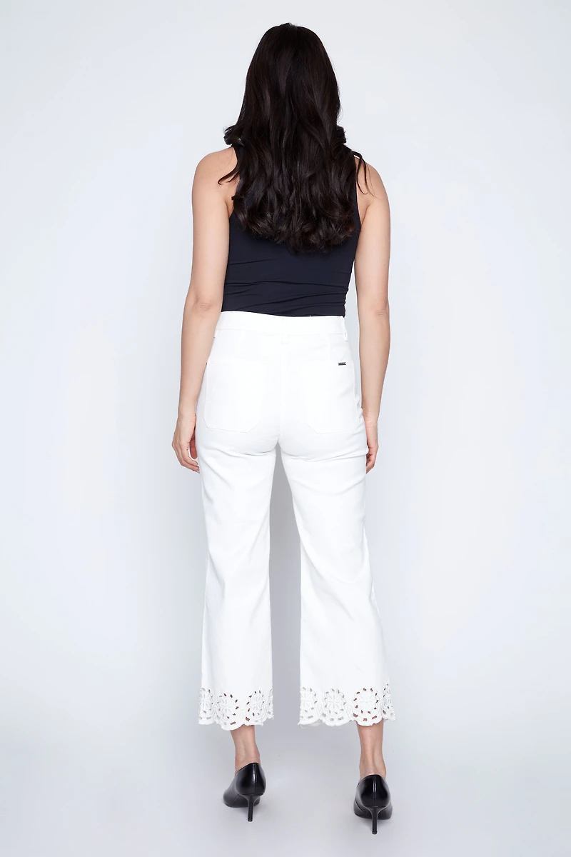 Flare leg eyelet embroidery hem jean