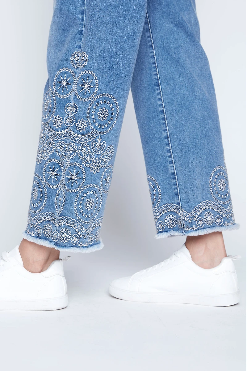 Flare leg embroidered hem jean