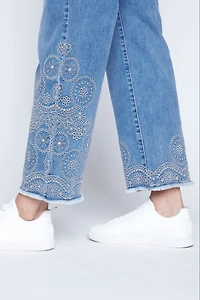 Flare leg embroidered hem jean