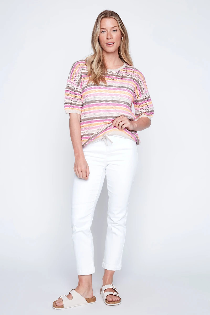 Stripe cotton top with drawstring hem