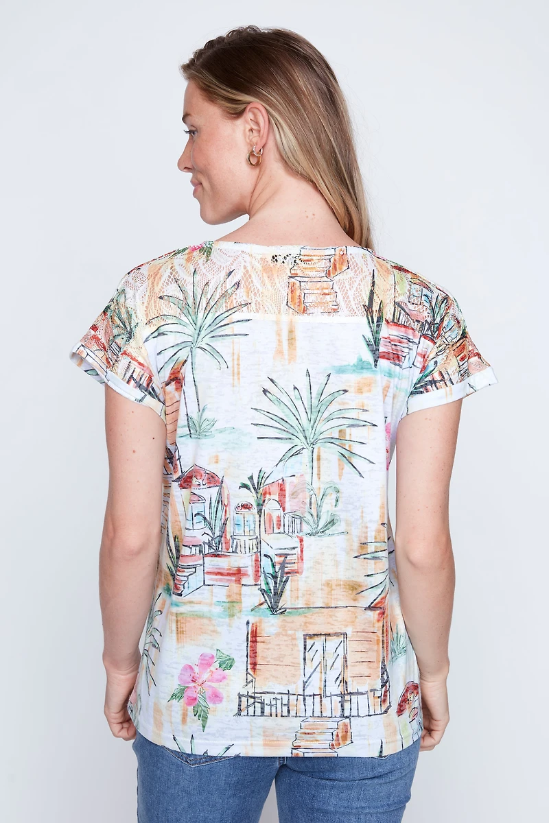 Le T-shirt à motif paysage tropical