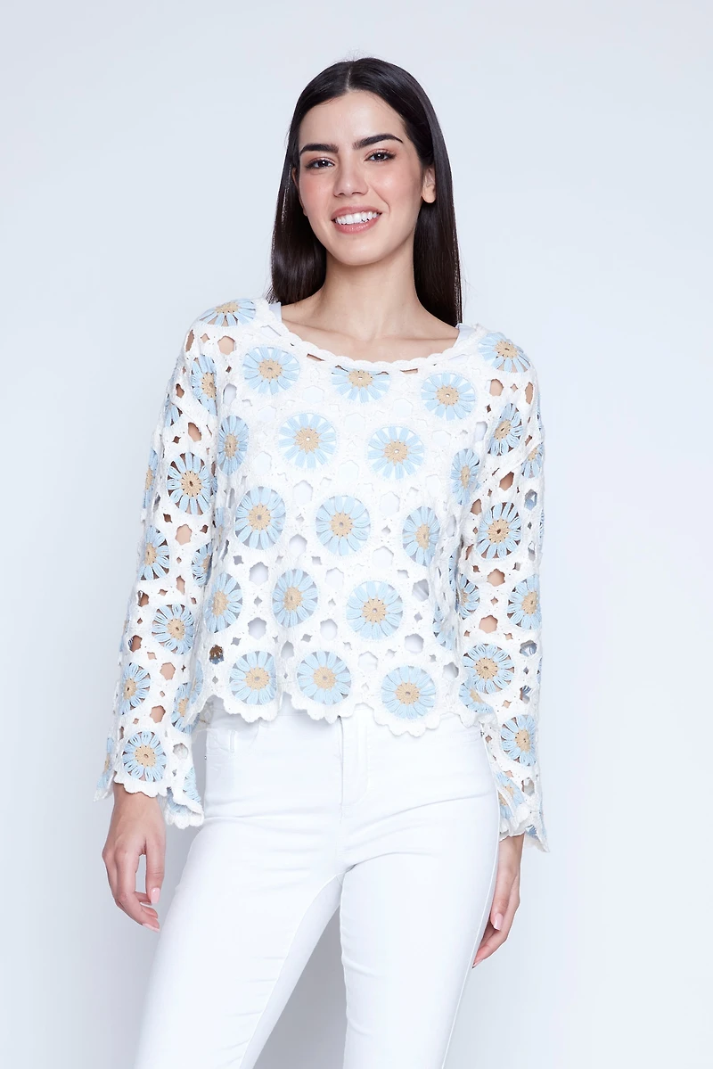 Bell sleeve geometric crochet top