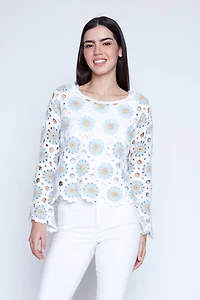 Bell sleeve geometric crochet top