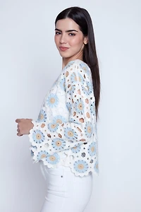 Bell sleeve geometric crochet top