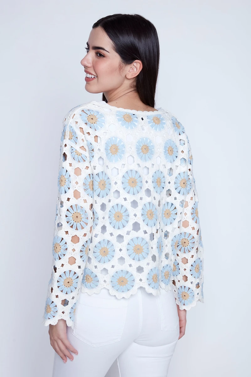 Bell sleeve geometric crochet top