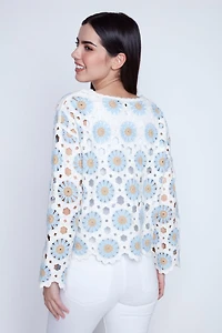 Bell sleeve geometric crochet top