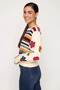 Floral Sleeve Stripe Sweater