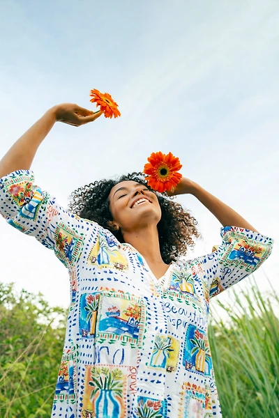 Floral tiles print linen blend dress