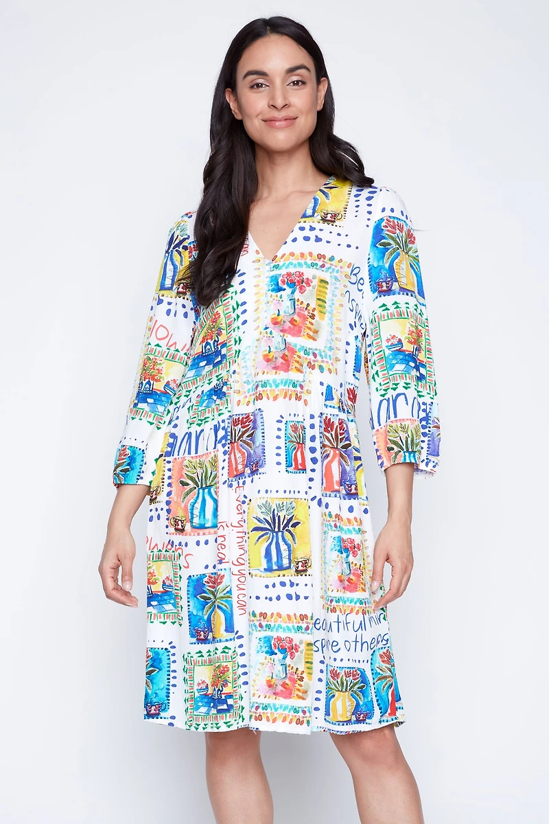 Floral tiles print linen blend dress