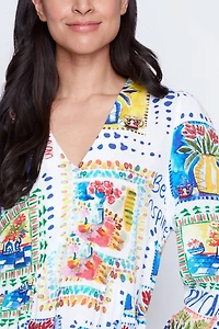 Floral tiles print linen blend dress