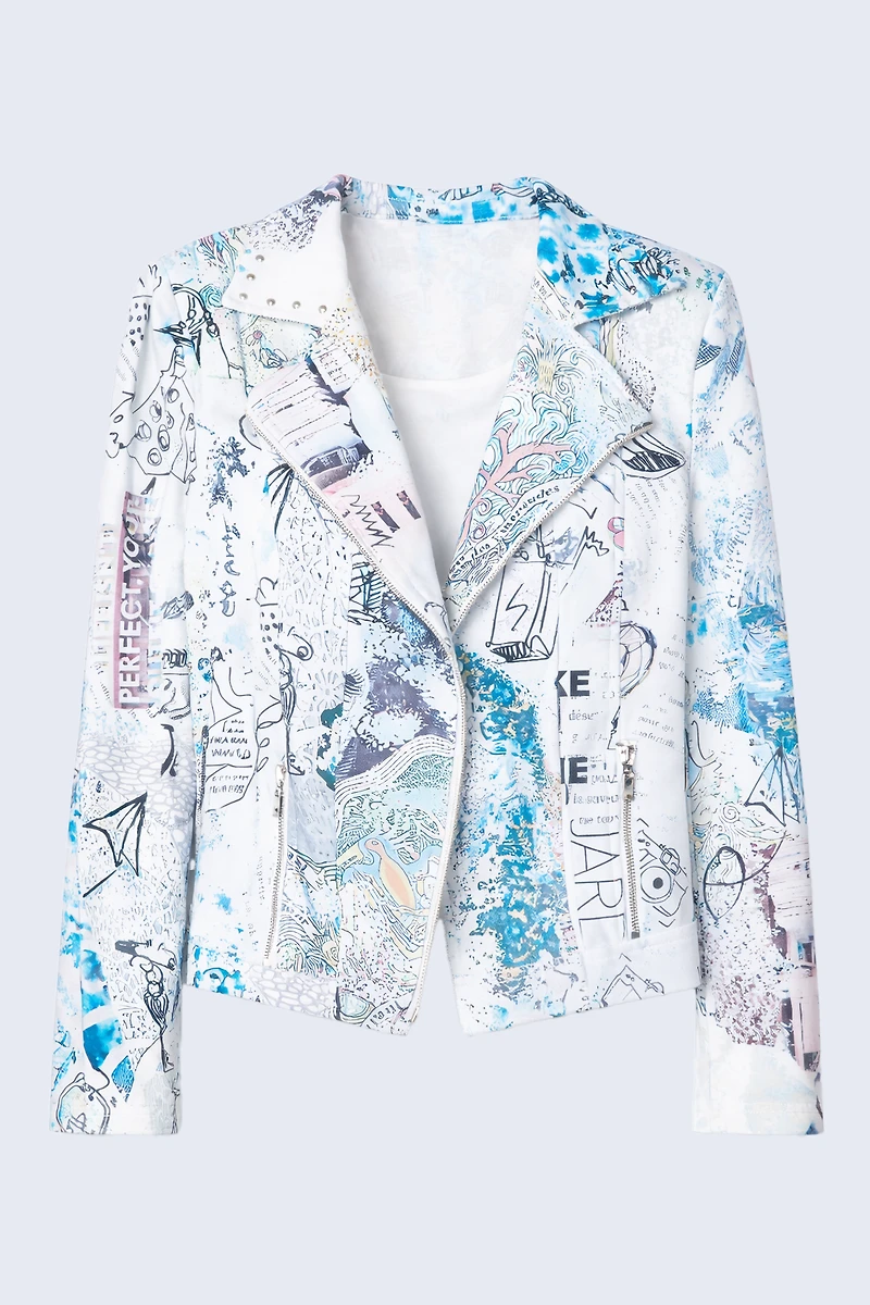 Newspaper print knit blazer