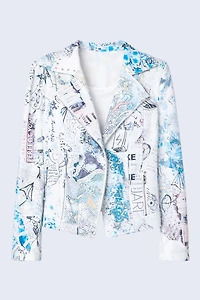 Newspaper print knit blazer