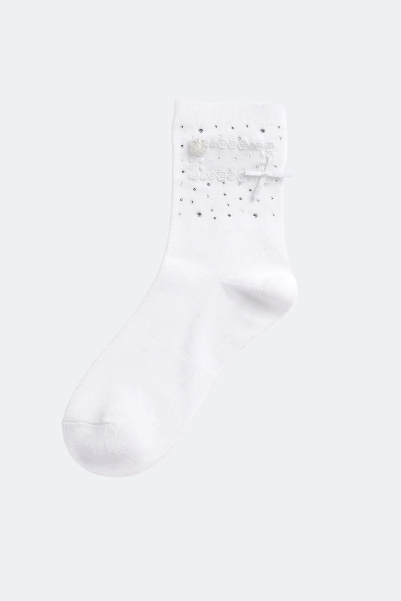 Rhinestone lace bow crew socks