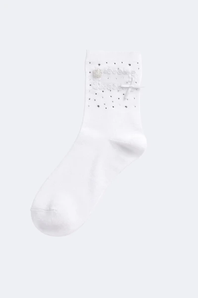 Rhinestone lace bow crew socks
