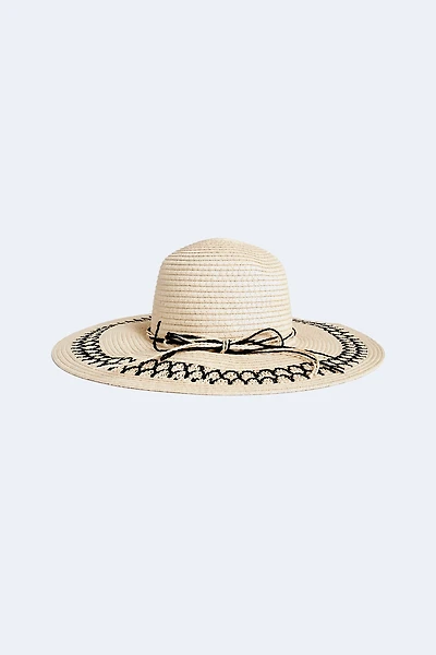 Le chapeau de soleil à large bord et détails contrastés 