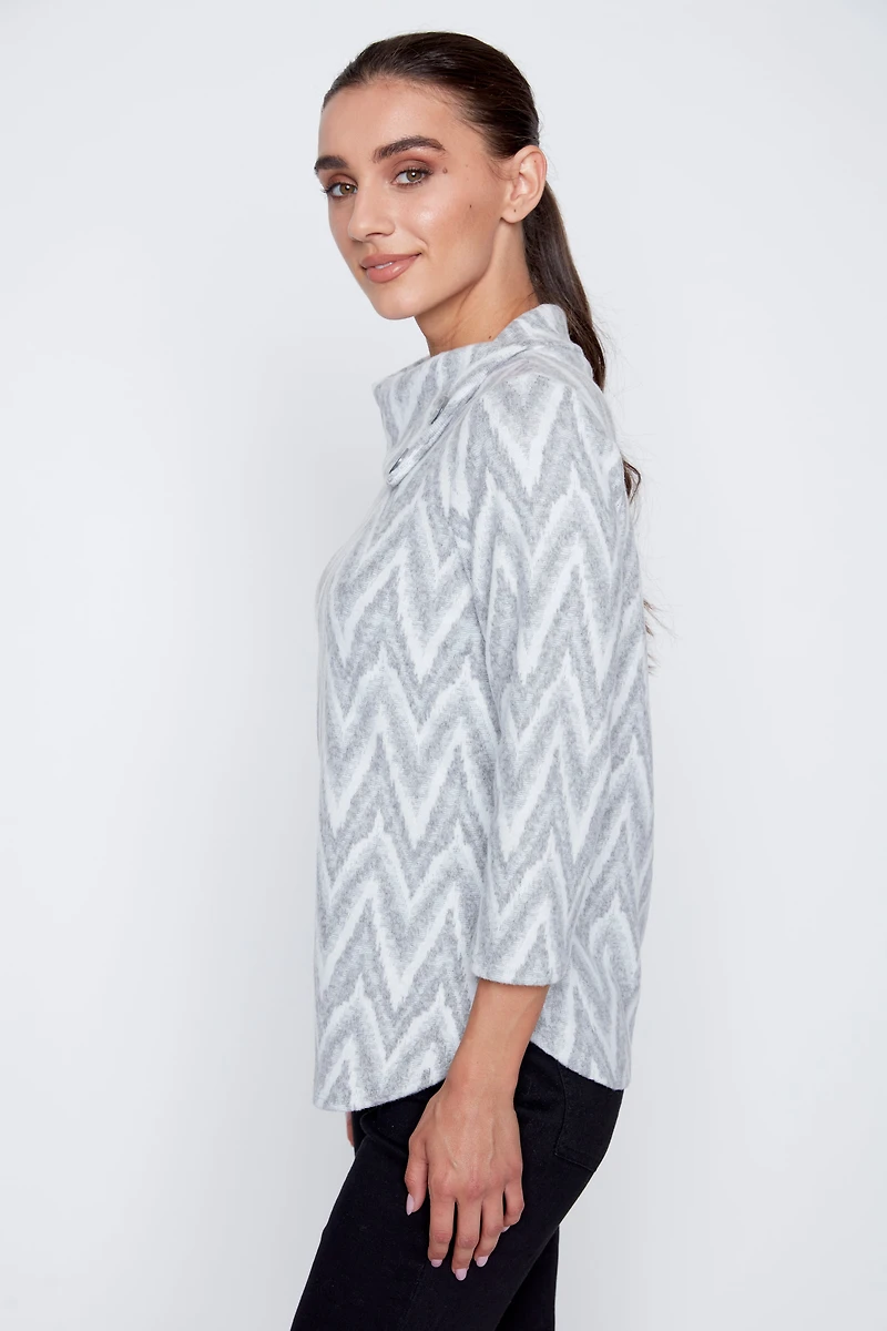 Split neck jacquard knit top