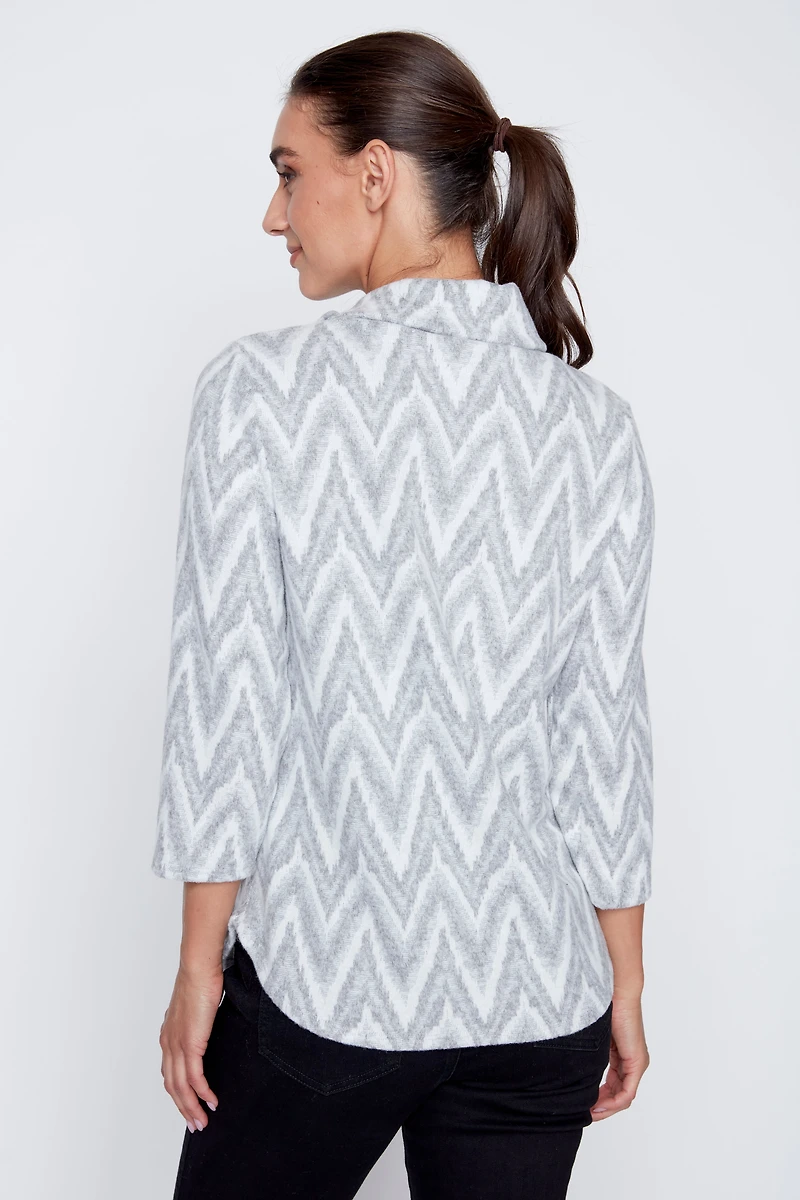 Split neck jacquard knit top