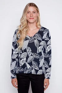 Puff leaf print knit top