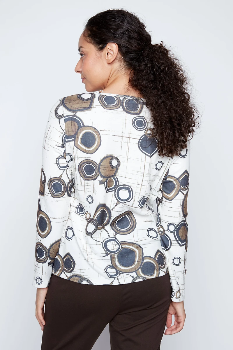 Printed split neck top with button detail