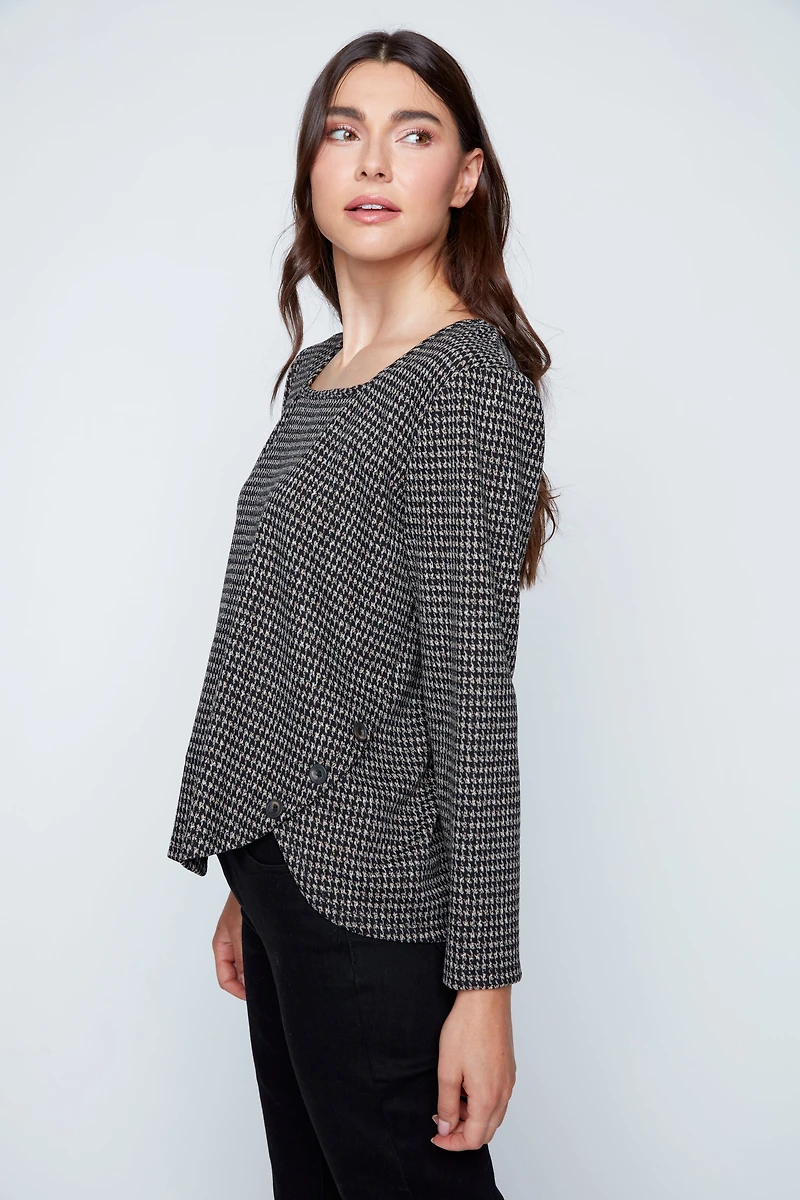 Houndstooth print top with button detail