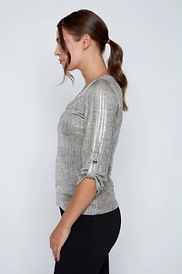 Pearl buckle foil knit top