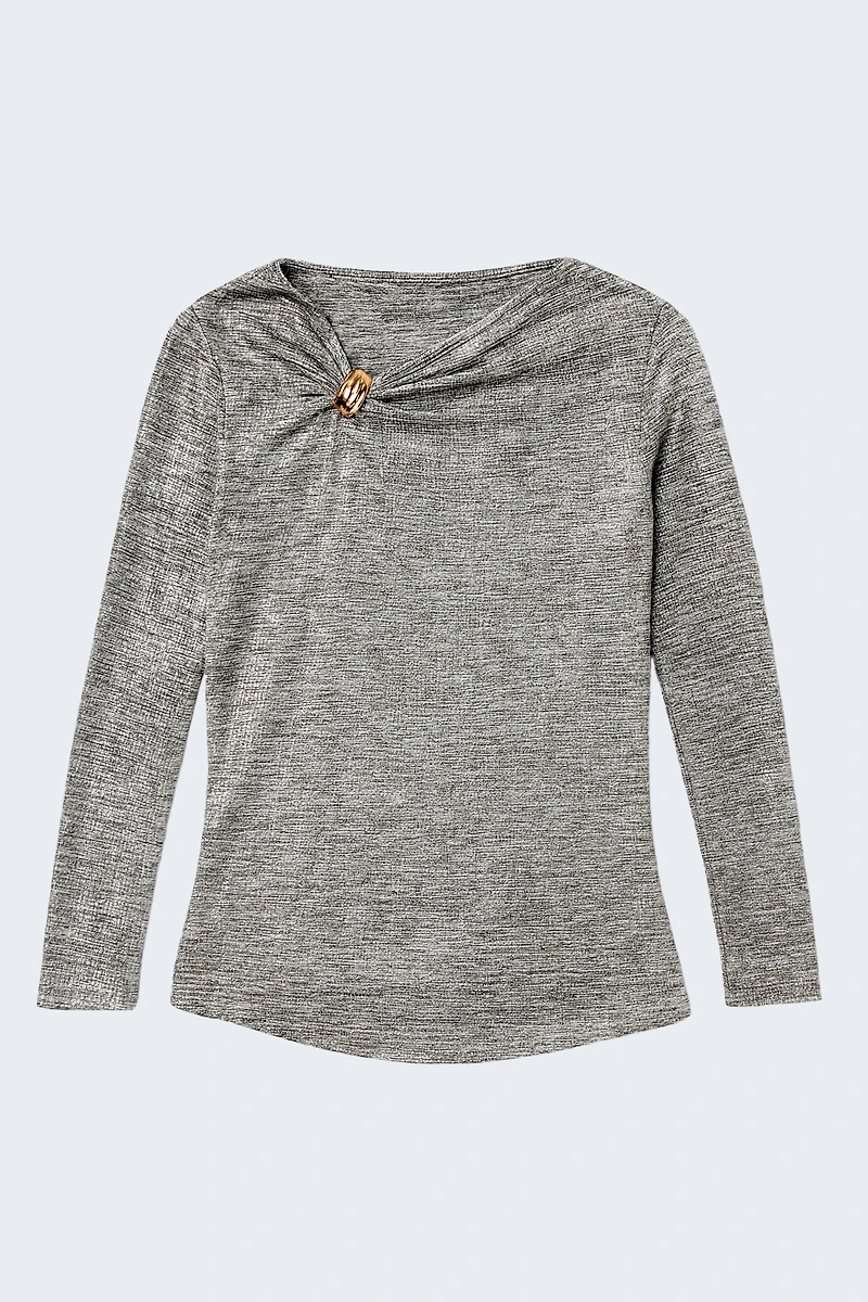 Asymmetric neck foil knit top