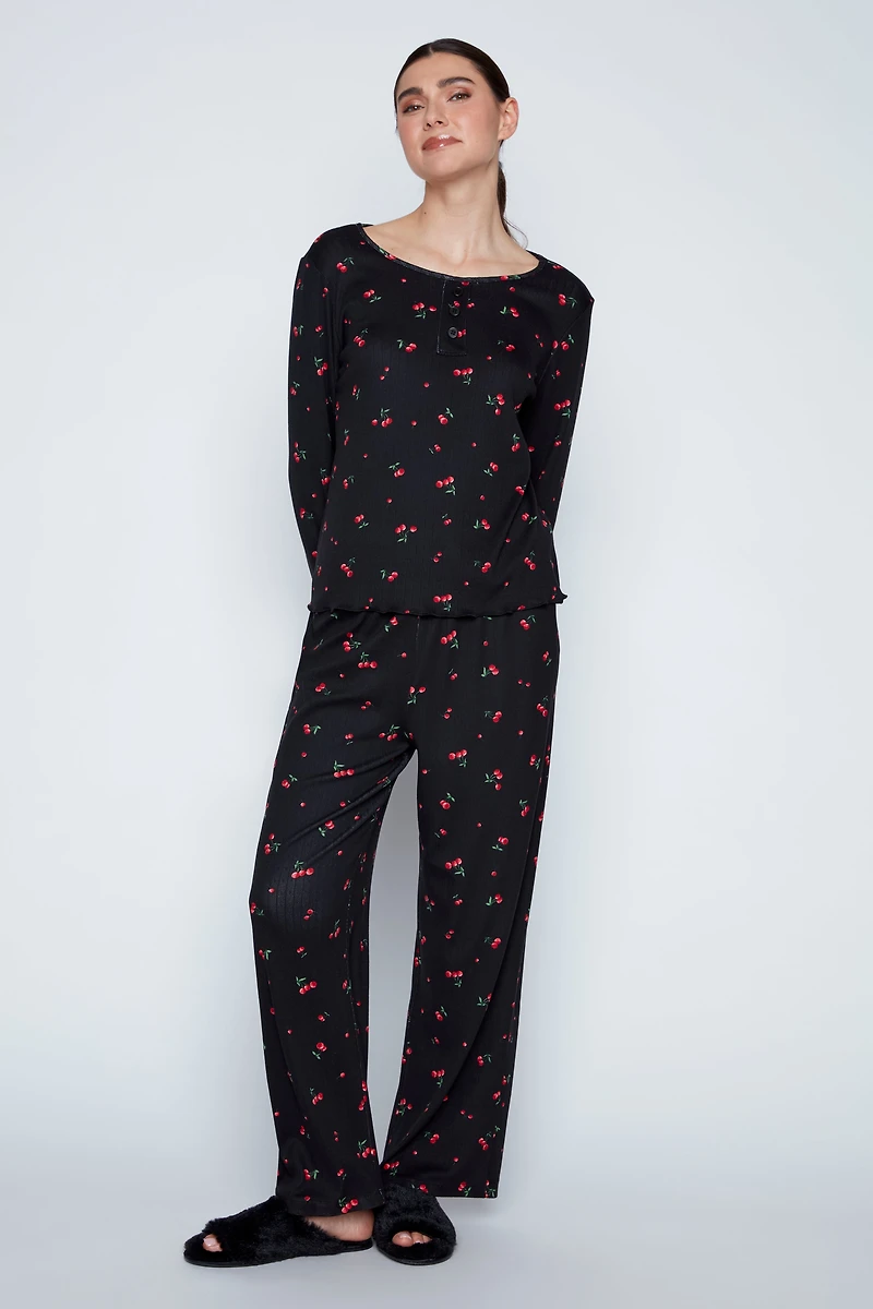 Cherry print rib knit pyjama set