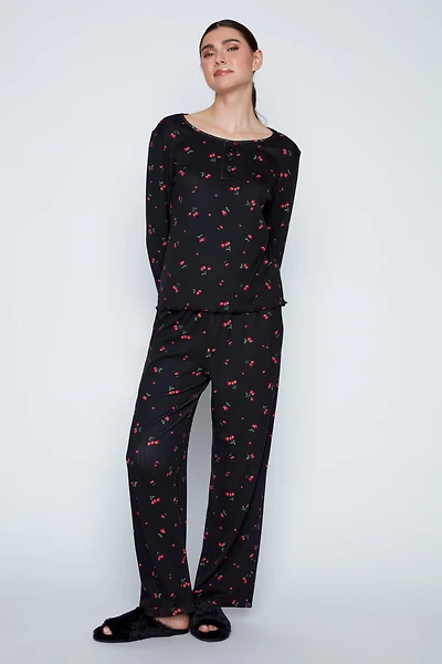 Cherry print rib knit pyjama set