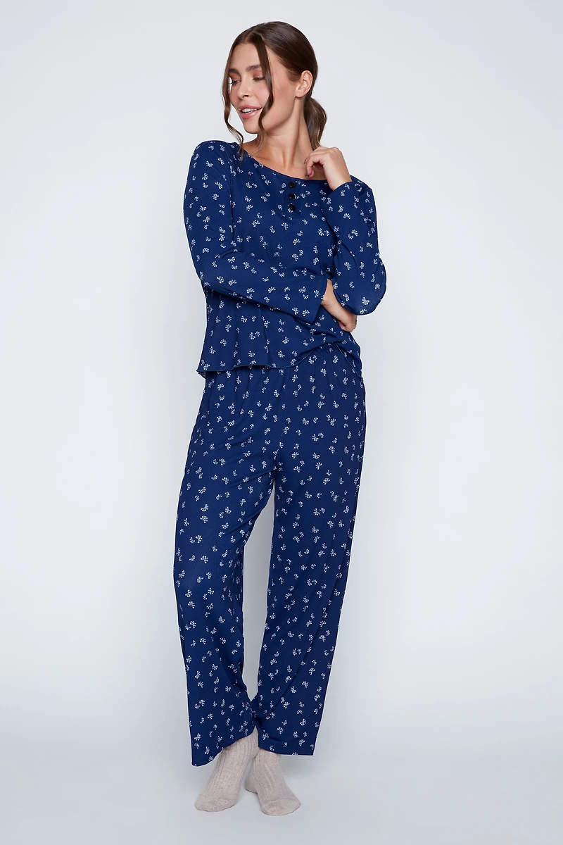 Bow print rib knit pyjama set