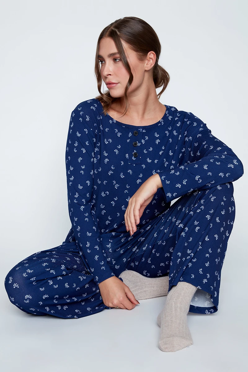 Bow print rib knit pyjama set