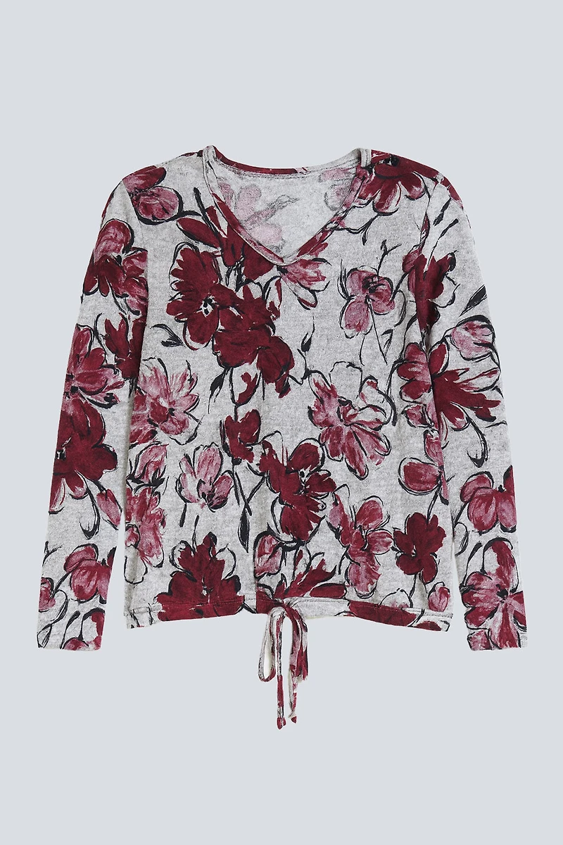 Floral print drawstring hem top
