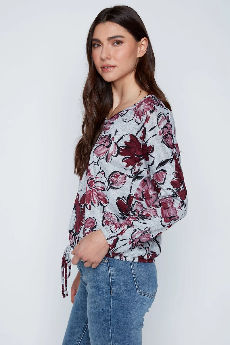 Floral print drawstring hem top